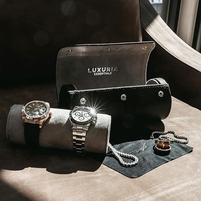Watch Roll Travel Case for 2 Watches | Hidden Jewelry Storage Compartment, Genuine Leather Watch Roll with Dust Bags & Cleaning Cloth | Fits Men's Wrist Watches & Smartwatches