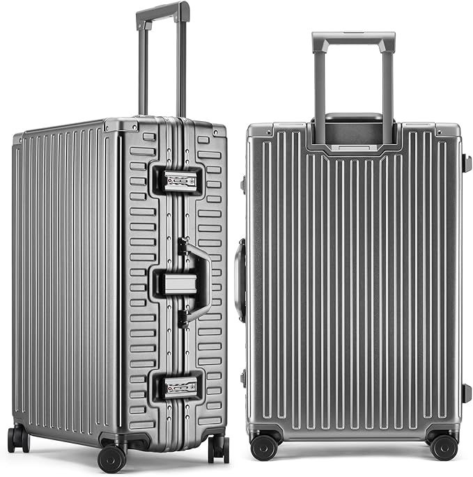 ROAMING Zipperless Luggage 26 Inch with Aluminum Frame, Checked-Large Lightweight 3-Layer PC Hard Shell Suitcase with Spinner Wheels, Metal Travel Luggage with Three TSA Locks, gray