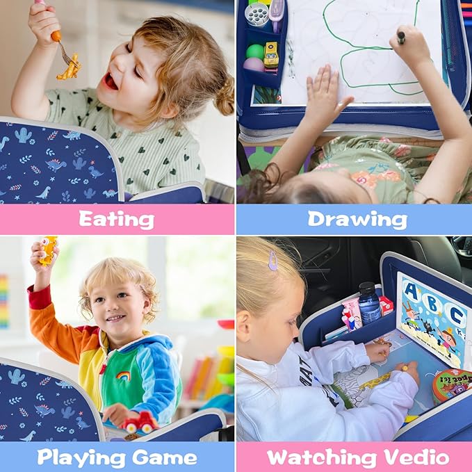 MENZOKE Kids Travel Tray, Car Seat Tray with Educational Drawing Board, Tablet Holder & Cooler Cup Holder,Essential for Car Travel & Holiday Gifts, Dinosaur Print Pattern, Dark Blue