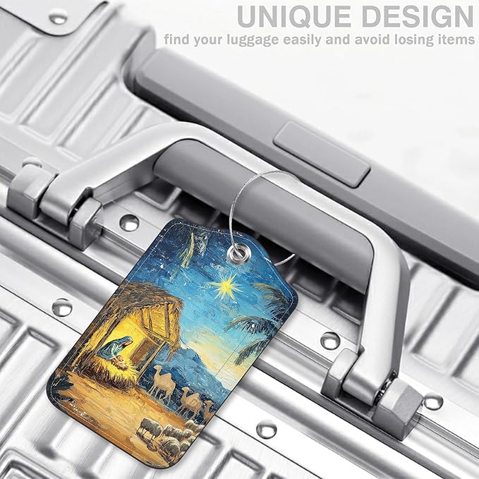 Nativity Scene Set of 2 Luggage Tags for Suitcases Leather Suitcase Tags Identifiers with Privacy Name Address Label and Stainless Steel Loop for Women Men Travel Luggage Accessories