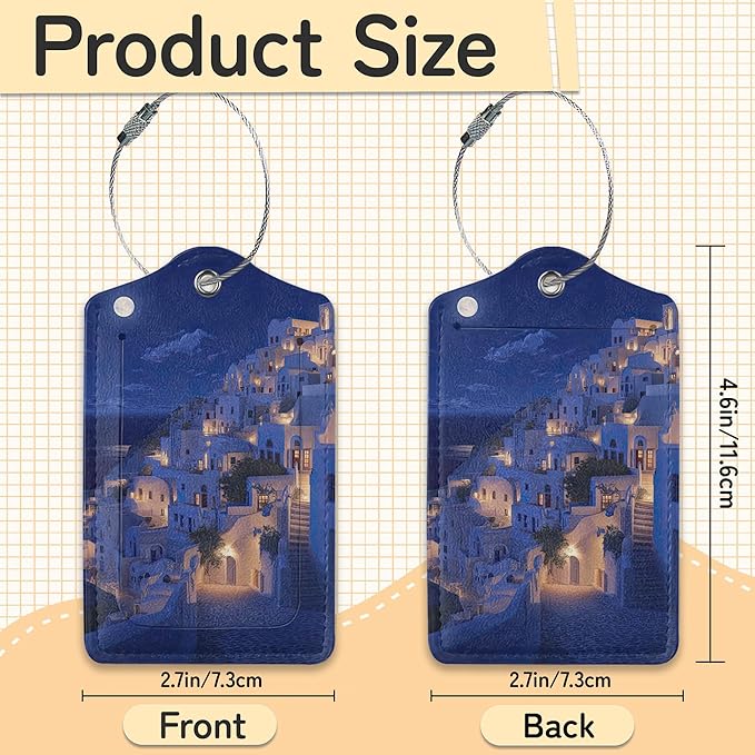 Santorini Sunset Landscape Luggage Tag for Suitcase,Design with Privacy Flap Name ID Label Metal Loop, 3 Pack