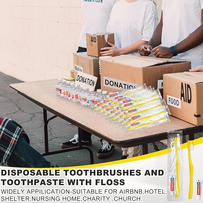 200pcs Disposable Toothbrushes with Toothpaste and Floss,Yellow Bulk Single Use Toothbrush Floss Pick Individually Wrapped Disposable Travel Toothbrushes Kit for Homeless,Airbnb,Hotel,Guest