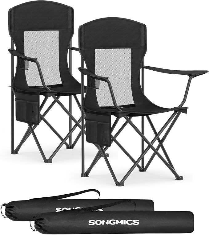 SONGMICS Breathable Camping Chairs, Foldable Outdoor Chairs Set of 2, High Back, Adjustable Armrests, Drink Holder, Weight Capacity 330 lb, for Sports Garden Backyard, Ink Black UGCB028B02