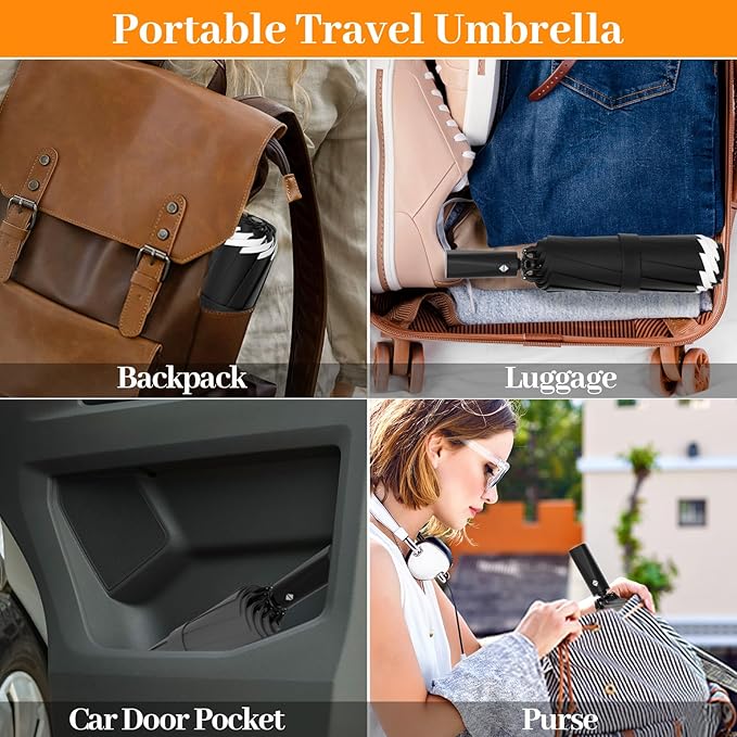 Travel Umbrella Superior, Beautiful & Compact, Large Strong but Light Portable and Automatic Folding Rain Umbrella, Premium Grip, Fits Car & Backpack