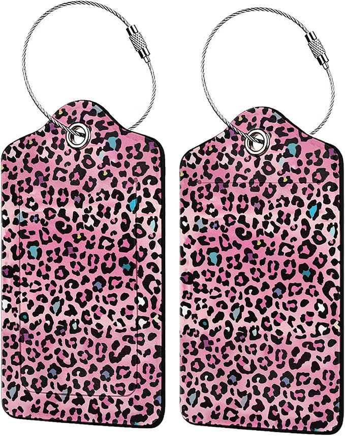 Pink Leopard Print Luggage Tags for Suitcases,2 Pack Luggage Tag, Leather Stainless Steel Loop Label Tag for Women Girl Travel Bag Suitcase