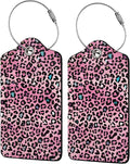 Pink Leopard Print Luggage Tags for Suitcases,2 Pack Luggage Tag, Leather Stainless Steel Loop Label Tag for Women Girl Travel Bag Suitcase