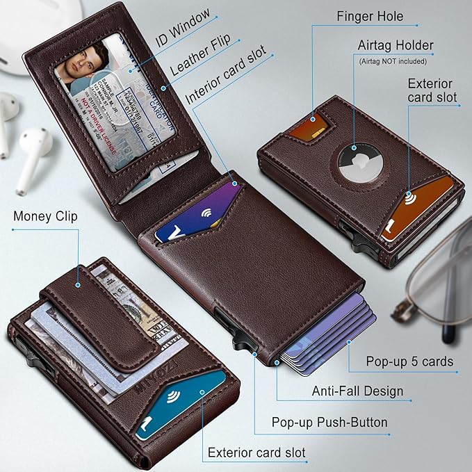 Airtag Wallet for Men,with Money Clip Gift Boxed,Slim Front Pocket Wallet RFID Blocking Metal Case Smart Pop-up Credit Card Holder in Magnetic Leather Flip