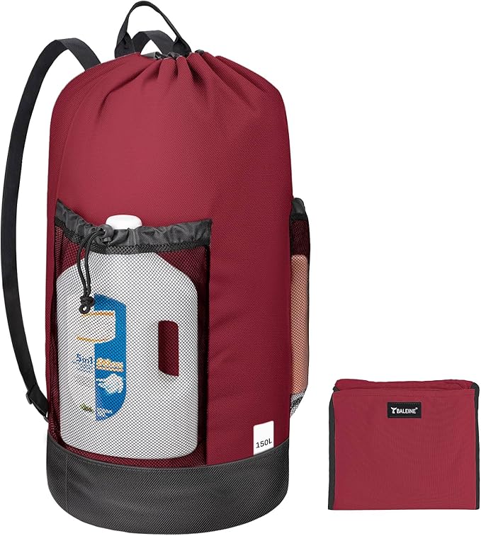 BALEINE 150L Laundry Bag Backpack, 900D Oxford Fabric Large Travel Laundry Bags with Shoulder Straps and 2 Mesh Pockets for College Dorm, Apartment, Laundromat (Red, 150L) ﻿