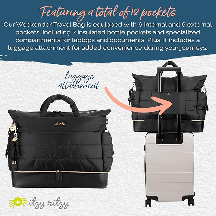 Itzy Ritzy Dream Weekender Travel Bag – Lightweight Overnight Bag with Base Compartment, 12 Pockets, Bottle Holders & Strap
