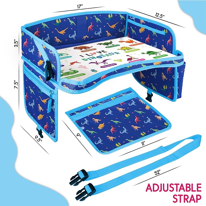 Kids Travel Tray - Waterproof Car Table with No-Drop Large Tablet Holder - Car Seat Tray - Road Trip Must Haves - Lap Desk Kids Organizer for Airplane - Toddler Travel Activities (Blue)