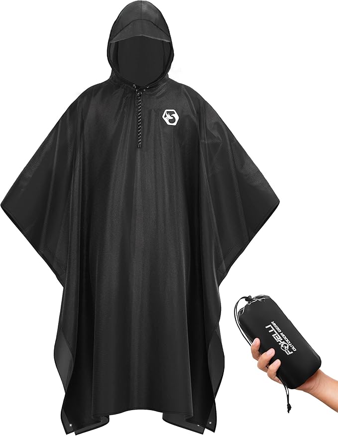 Foxelli Rain Poncho for Adults – Extra Long Reusable Waterproof Raincoat with Hood, Lightweight for Hiking, Camping, Outdoors