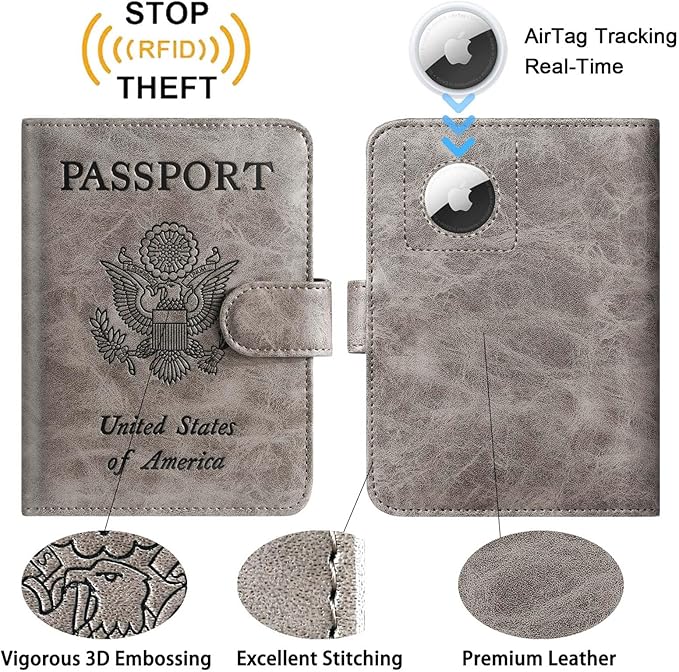 Airtag Passport Holder Cover Wallet RFID Blocking Leather Case Travel Essentials Luggage Accessories Travel Must Have(118#Grey)
