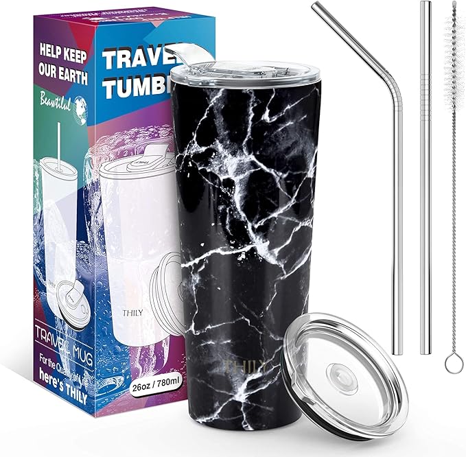 THILY Stainless Steel Vacuum Insulated Tumbler Travel Mug 26 oz Coffee Cup with 2 Lids and Straws, Splash Proof, Keep Ice Drinks Cold, Black Marble