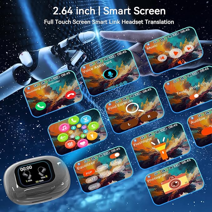 AI Translation Earbuds Real Time- 144 Languages, Meeting Assistant, LCD Touch Screen, Noise Cancelling, Wireless Open Ear Translator Earbuds- Used for Travel, Business, Learning, Grey pr