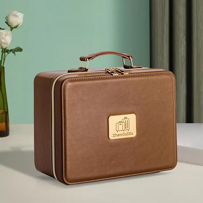 Makeup Bag with LED Mirror & Magnifier, Large Cosmetic Organizer Travel Makeup Case with Adjustable Brightness & 6 Detachable Dividers, Portable Makeup Storage for Women Girls (Brown)