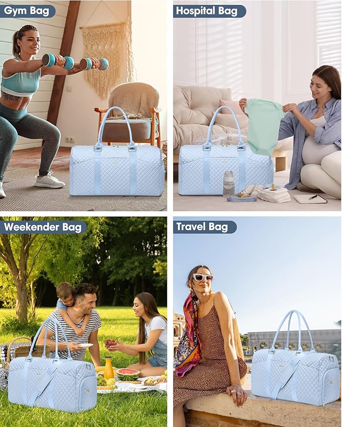 Women Duffle Weekender Travel Bag: Large Duffel Bags with Shoe Compartment Carry On Overnight Tote with Wet Pocket Traveling Weekend Gym Yoga Hospital Bag for Womens Light Blue