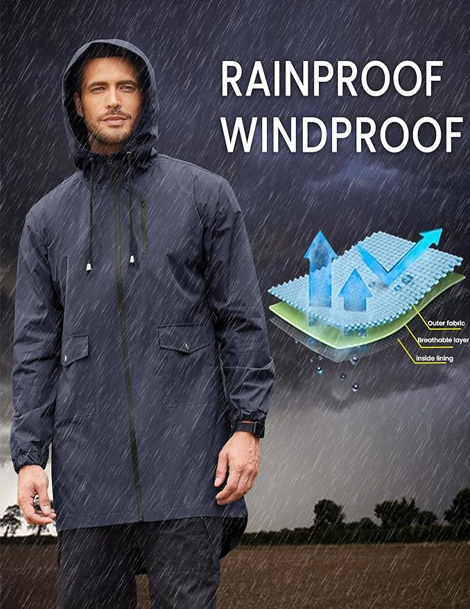 COOFANDY Men's Long Raincoat Ligtweight Rain Jacket Waterproof Outdoor Jackets with Hood