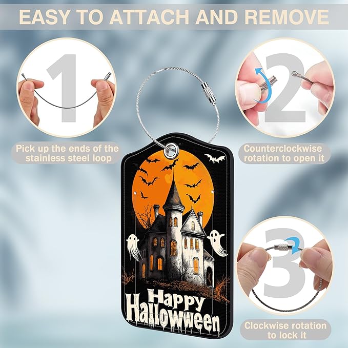 2 Pack Bat and Ghost Luggage Tags for Suitcases Happy Halloween Castle Leather Luggage Tags Privacy Cover ID Label with Stainless Steel Loop and Address Card for Women Men Travel Bag Backpack
