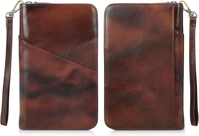 Polare Full Grain Leather Passport Holder With YKK Zipper RFID Blocking Travel Document Organizer Ticket Holder Cover Case Holds 2 Passports (Coffee)