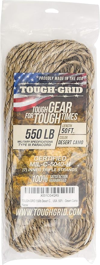 TOUGH-GRID 550 Paracord Rope Nylon Parachute Cord, Made in USA Survival Kit, Outdoor Adventures, Camping, Tactical Gear & Emergency Supplies, Military Type III Mil-Spec
