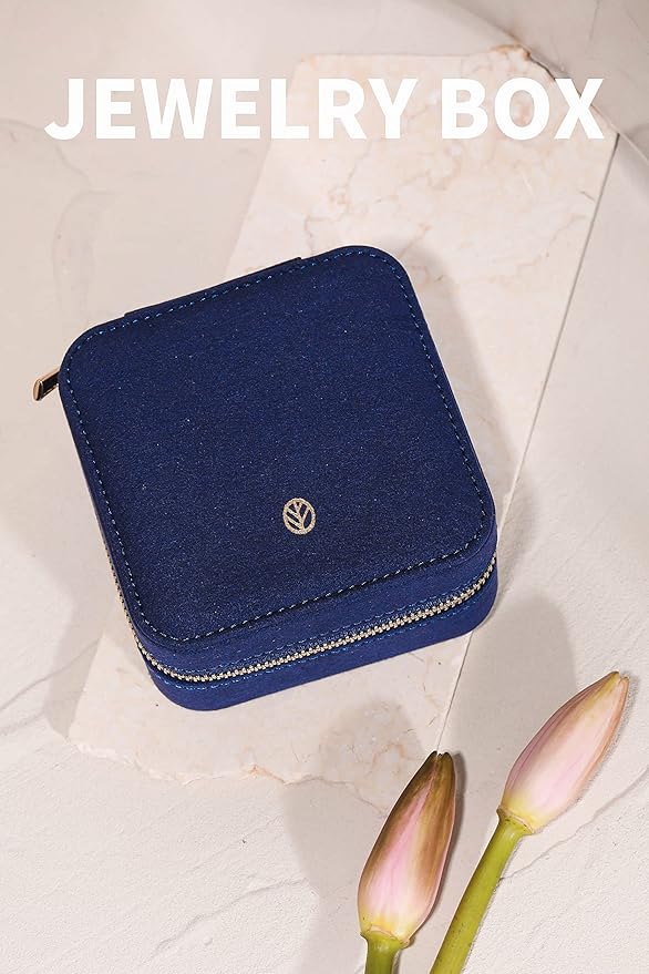 S.Leaf Travel Jewelry Organizer Travel Jewelry Boxes for Women Small Jewelry Travel Case Box Portable Travel Jewelry Case Travel Case Mini Jewelry (06_Suede_Touch_Navy)