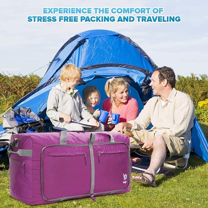 Bago Large Foldable Duffel Bags for Traveling Women & Men - 120L Packable Duffle Bag for Travel with Shoe Compartment - Water Repellant, Heavy Duty, Lightweight Folding & Collapsible (Purple)