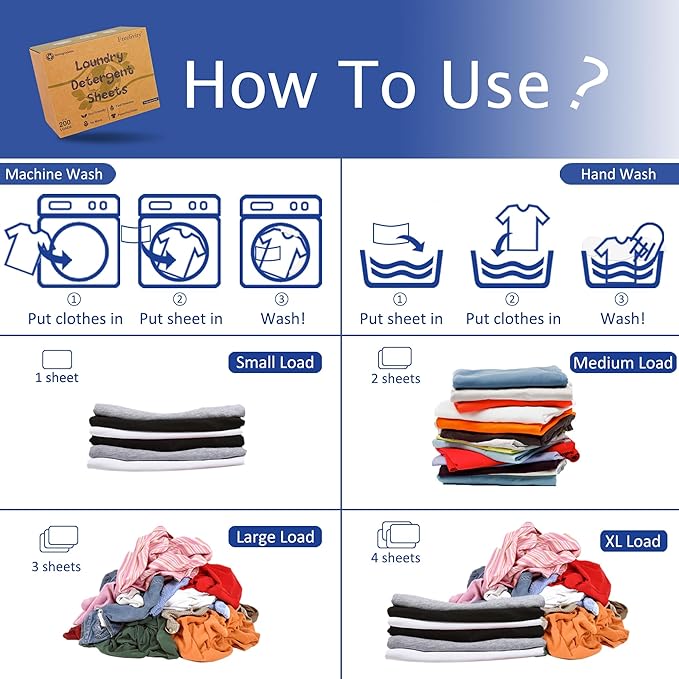 Freelivity Laundry Detergent Sheets, 200 Loads Fragrance Free Eco-Friendly Laundry Soap Strips - No Plastic Jug Hypoallergenic Liquid Less Dissolvable Space Saving Sheets for HE machine, travel, home