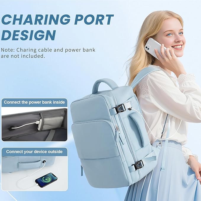 Travel Backpack, Carry on Flight Approved Backpack with Multi-Pockets, TSA Waterproof 17.3inch Laptop Backpack, Personal Item Travel Bag for Men Women, Light Blue
