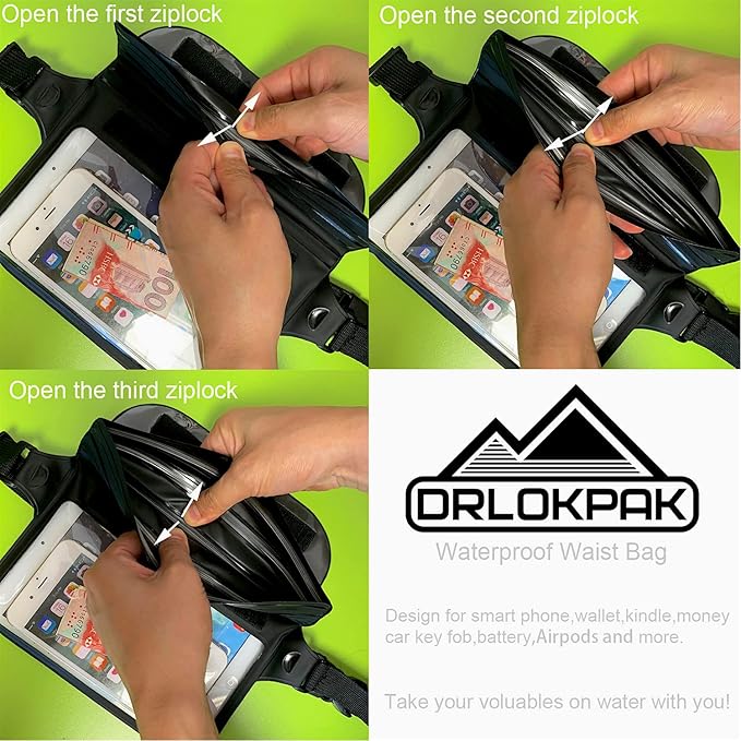 DRLOKPAK Waterproof Waist Bag Pouch Fanny Pack Bum Bag with Secret Holder Keeps Your Phone Kindle Wallet Watch & Valuables Dry - Perfect for Surf Canoe Swim Snorkel Dive Beach Pool(Blue)
