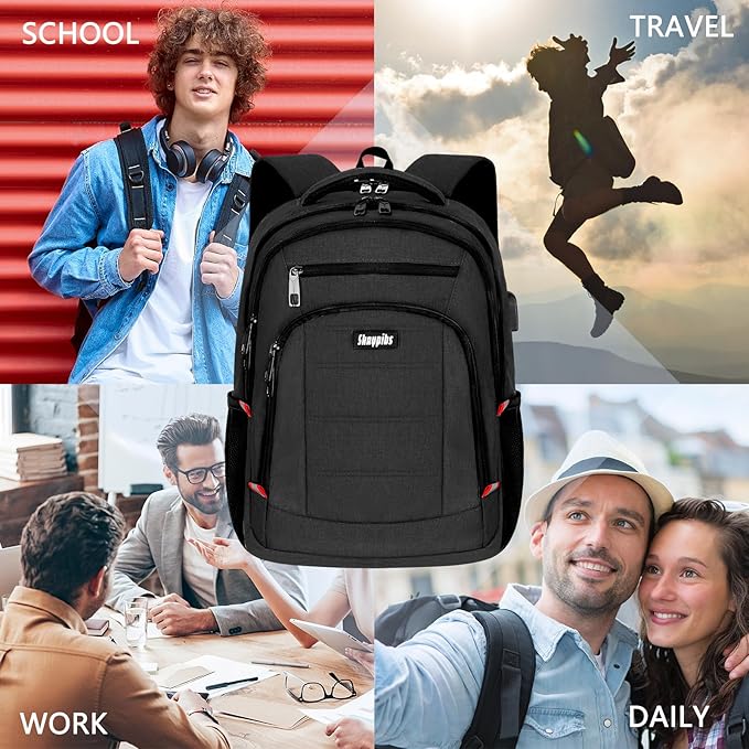 Backpack for Men,School Backpack for boys teens with USB Charging Port,Water Resistant Backpacks for School, Business Work College bookbag,book bag Fits 15.6 Inch,Black Back Pack