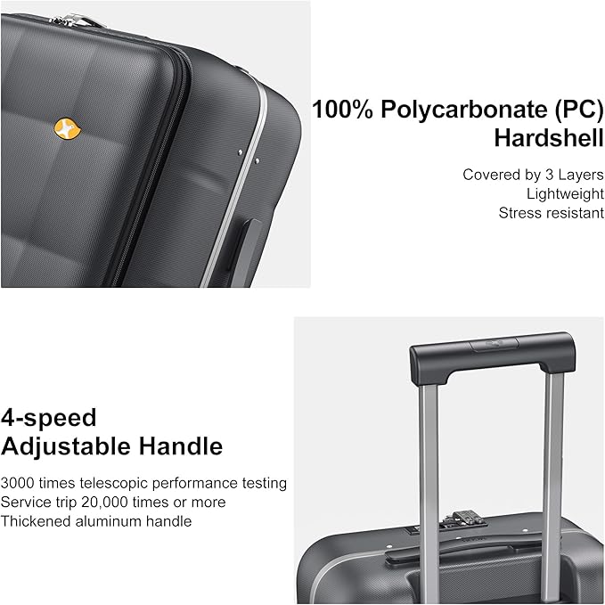 MGB 20 Inch Top Open Carry On Luggage 22x14x9 Airline Approved, Hard Shell Carry On Suitcase with Spinner Wheels, Travel Small Luggage Built-in TSA Lock for Women Men Gifts (Charcoal Grey)