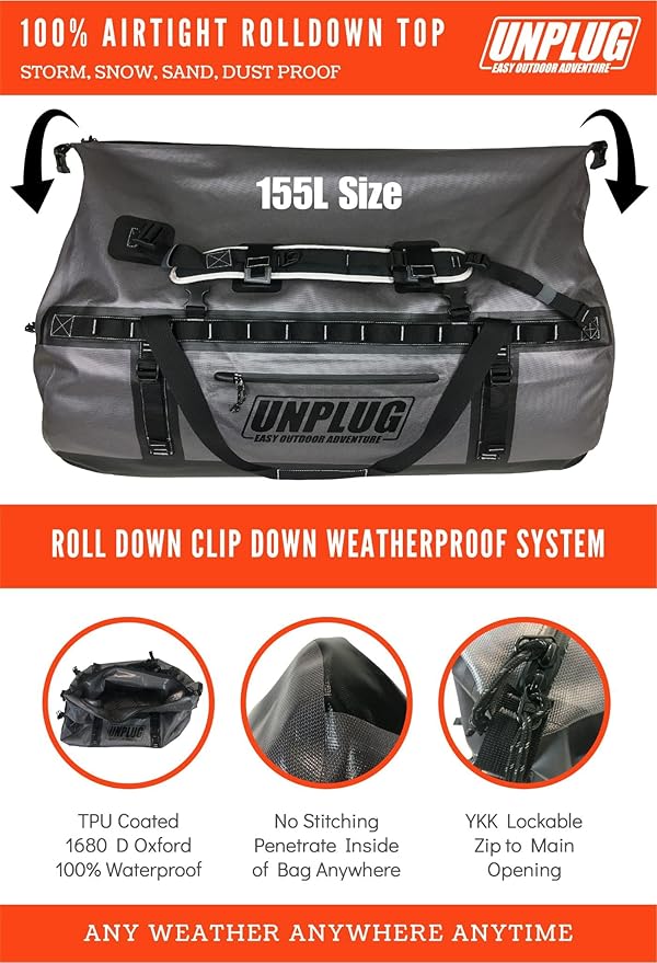 UNPLUG Waterproof Bags for Travel -1680D Heavy Duty Waterproof Duffel Bag for Camping, Motorcycle Dry Bag, Hunting Bag, Bug Out Bag, Waterproof Bags for Boating. Tactical Duffle Bag (155L Storm Grey)