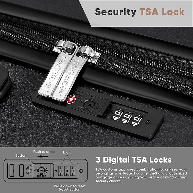 SHOWKOO Luggage Sets 3 Piece 100% PC Ultra Tough Hardside Expandable Suitcases Sets with TSA Lock Double Spinner Wheels (20in/24in/28in, Black