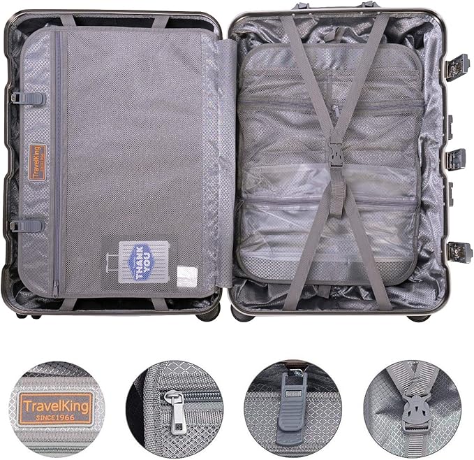 TRAVELKING All Aluminum Luggage Carry On Spinner Hard Shell Suitcase Lightweight Metal Suitcases 20“ & 28 Inch Luggage Set