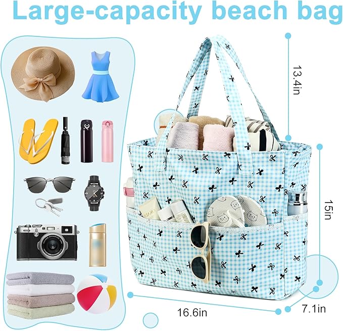 LEDAOU Large Beach Tote Bag Women Waterproof Sandproof Zipper Beach Tote Bag for Pool Gym Grocery Travel with Wet Pocket