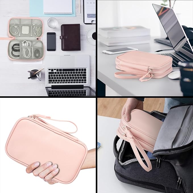 Leather Travel Electronic Organizer - Double Layer, Waterproof Case for Cables, Chargers, Phones & More - Portable, Shockproof Pouch for All Your Electronics Accessories (Light Pink, M)