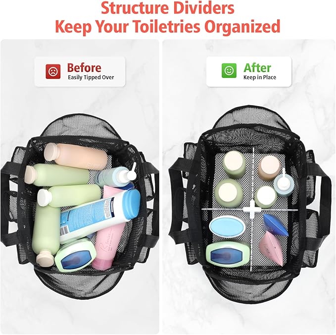 F-color Mesh Shower Caddy Portable with Dividers - Upgrade Deeper 7 Pockets Dorm Room Essentials with S Hook, Shower Bag Basket Tote for Guys Girls College Camping Toiletry Bathroom, Black