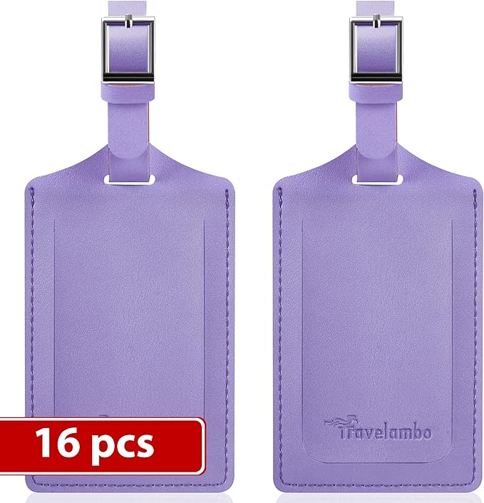 Travelambo Luggage Tags for Suitcases Faux Leather Privacy Protection 16 Pack Bag Tags Travel Accessories Essential, Classic Purple