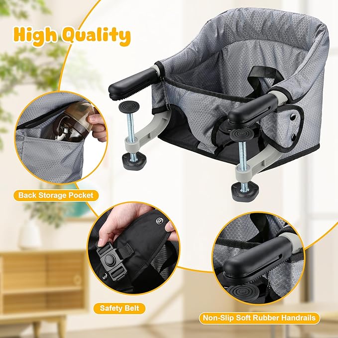 Hook On Chair with Removable Dining Tray,Folding Baby Chair, Portable Table High Chair with Storage Bag for Indoor/Outdoor, Grey