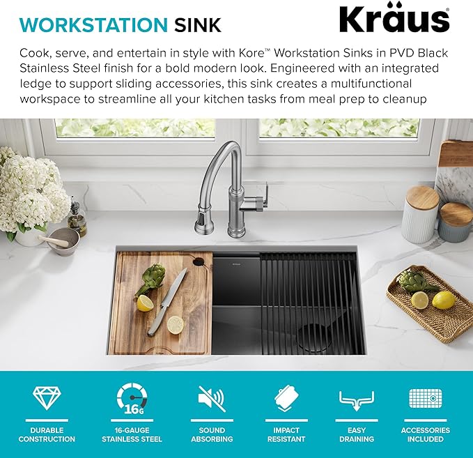 KRAUS Kore Workstation 32-inch Undermount 16 Gauge Black Stainless Steel Single Bowl Kitchen Sink in PVD Gunmetal Finish with Accessories, KWU110-32/PGM