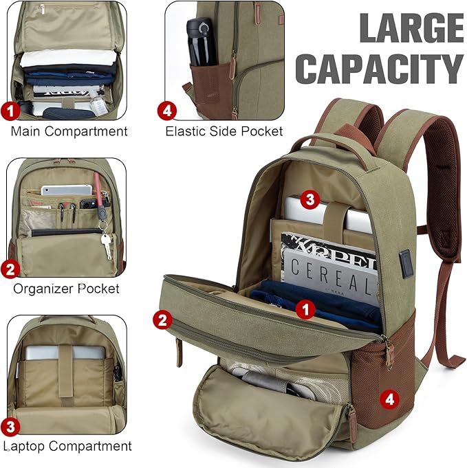 Tzowla Canvas Laptop College Backpack for Men and Women,Travel Work Vintage Rucksack with USB/Type-C Charging Port,Lightweight Hiking Casual Daypack Backpacks fit 15.6 inch Notebook,Green
