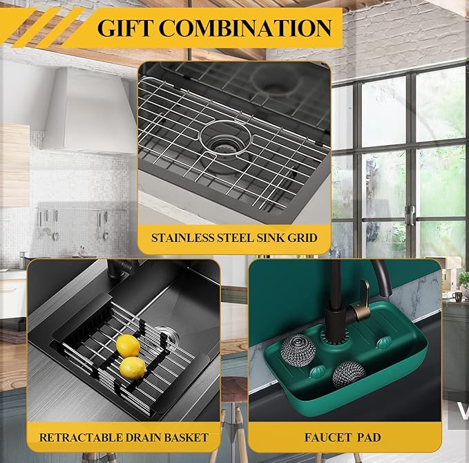 Black Kitchen Sink, Stainless Steel Drop In 15x17x9 Inch Single Bowl Topmount Kitchen And Bar Sink Combo-Stainless Grid,Drain Basket,Faucet Mat,Drain Strainer Set for Modern Style Kitchen&Bar