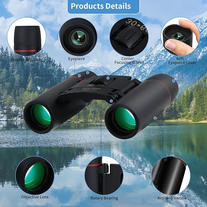 Compact 30x60 Binoculars for Adults and Kids,Foldable Lightweight Easy Focus Small Binoculars for Bird Watching Travel Sightseeing Hunting Concert Theater Opera