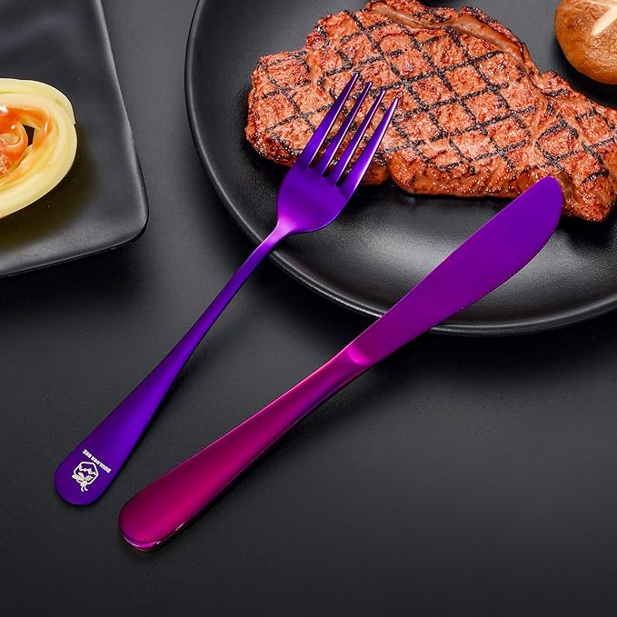 Boulder Bee | Travel Utensils Set | Reusable Camping Cutlery Set | Stainless Steel Flatware Set | Portable Silverware Set with Case | Includes Knife/Fork/Spoon/Straw/Cleaning Cloth/Case (Purple)