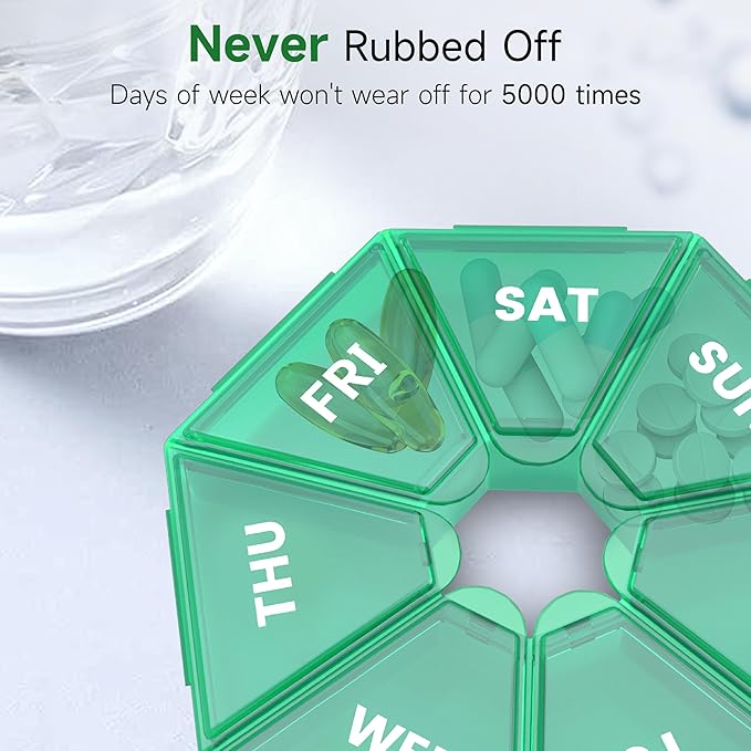 Weekly Pill Organizer, 2 Pack Portable Pill Box Medicine case 6 Colors (Seven Day) New Edition for Vitamin/Fish Oil/Pills/Supplements-Arthritis Friendly (Cyan)