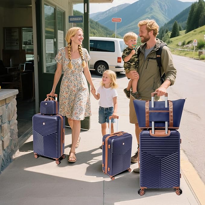 Hoteel 4 Piece Luggage Set (4-YEAR WARRANTY) Carry on ABS+PC Hard Shell Suitcase with Spinner Wheels & TSA Lock (Dark Blue)