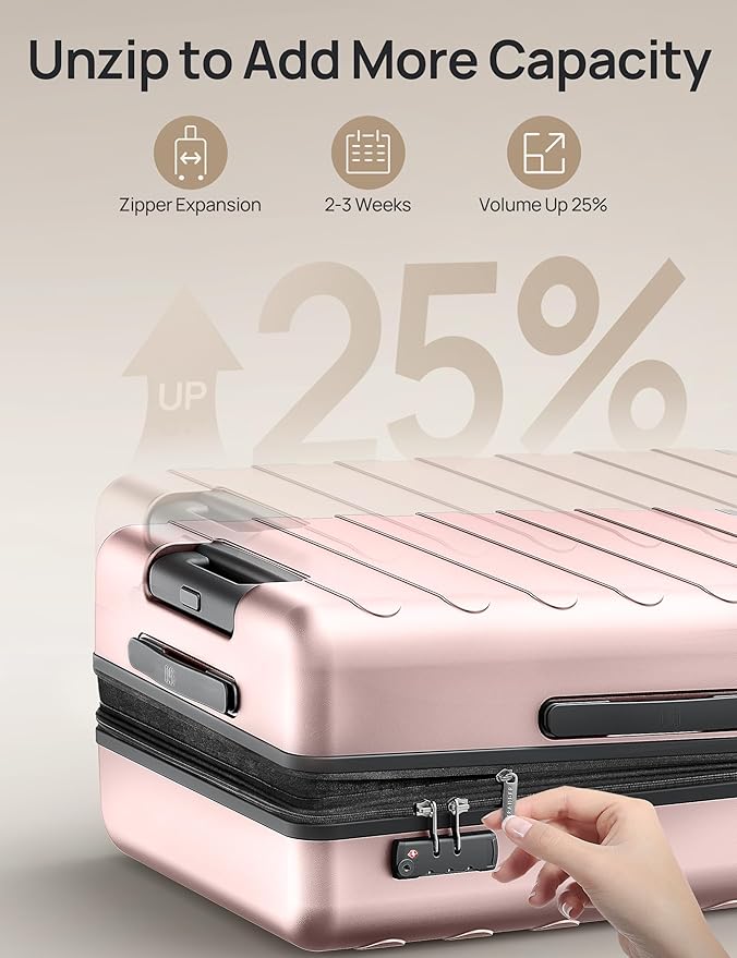 Carry on Luggage 22 X 14 X 9 Airline Approved, 20 Inch Luggage for 3-5 Days Travel, Double Spinner Wheels, 100% Hardshell PC, TSA Lock (00-Pink (Expandable), Set 3PCS (20-Inch/24-Inch/28-Inch))
