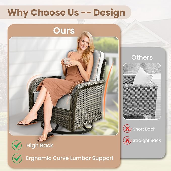 HOOOWOOO Patio Furniture Set,5 Pieces Outdoor Conversation Set,All Weather Wicker Loveseat Sofa Set with High Back Swivel Rocking Chairs Tables,Light Gray