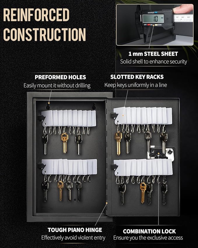 Uniclife 40 Position Slotted Key Cabinet with Combination Lock Resettable Black Digital Security Storage Box Steel Key Organizer with Slotted Racks White Key Tag Labels and Permanent Pen
