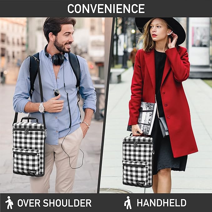 Opux 2 Bottle Wine Tote Carrier, Insulated Cooler Bag for Travel Picnic, Leakproof Padded Case, Wine Gifts for Women & Men, Plaid Buffalo White